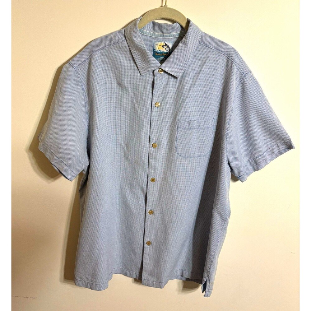 Mens Tommy Bahama Island Modern Fit Blue Microcheck Silk Cotton Shirt XL